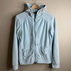 Vintage Bogner Full Zip Hoodie Jacket Womens M Blue Floral Embroidered Hood Y2K